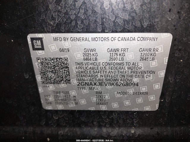 44495041 :رقم المزاد ، 2GNAXJEV8K6268094 vin ، 2019 Chevrolet Equinox Lt مزاد بيع