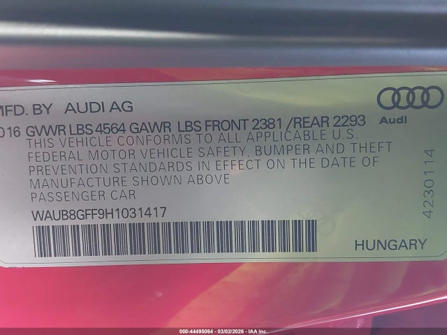 Продаж на аукціоні авто 2017 Audi A3 2.0t Premium, vin: WAUB8GFF9H1031417, номер лоту: 44495064