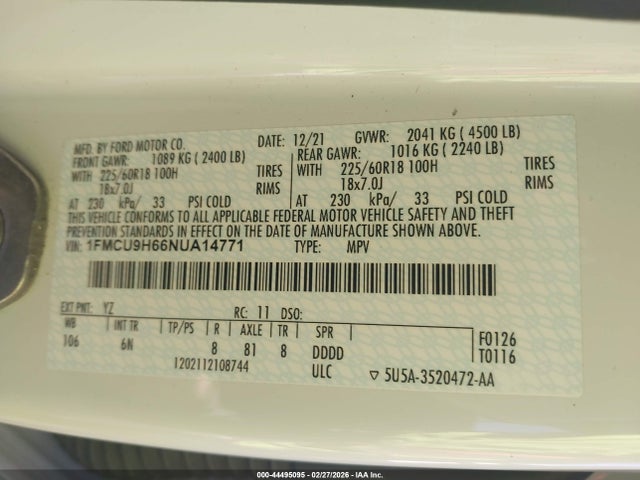 Продажа на аукционе авто 2022 Ford Escape Sel, vin: 1FMCU9H66NUA14771, номер лота: 44495095