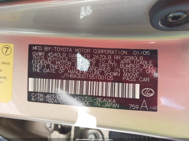 Продажа на аукционе авто 2005 Lexus Es 330, vin: JTHBA30G155100105, номер лота: 44495097