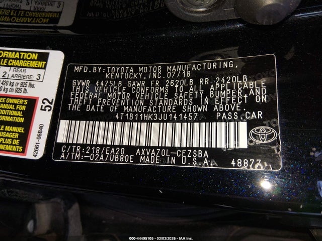 4T1B11HK3JU141457 Toyota CAMRY SE