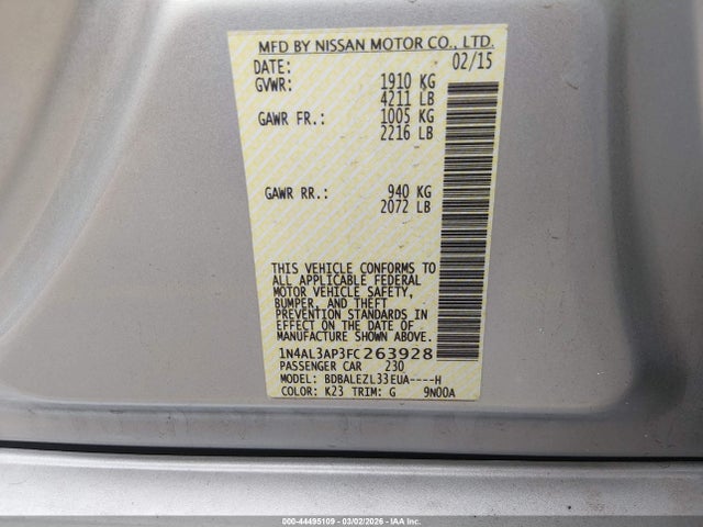 Nissan Altima 2.5 S 2015 1N4AL3AP3FC263928 Image 9