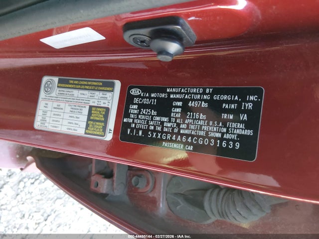Aukcja sprzedaży 2012 Kia Optima Sx, vin: 5XXGR4A64CG031639, numer aukcji: 44495144