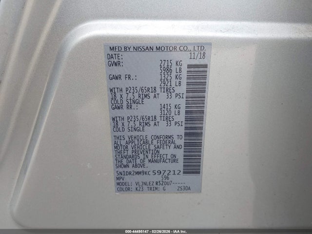 Aukcja sprzedaży 2019 Nissan Pathfinder Sv, vin: 5N1DR2MM9KC597212, numer aukcji: 44495147