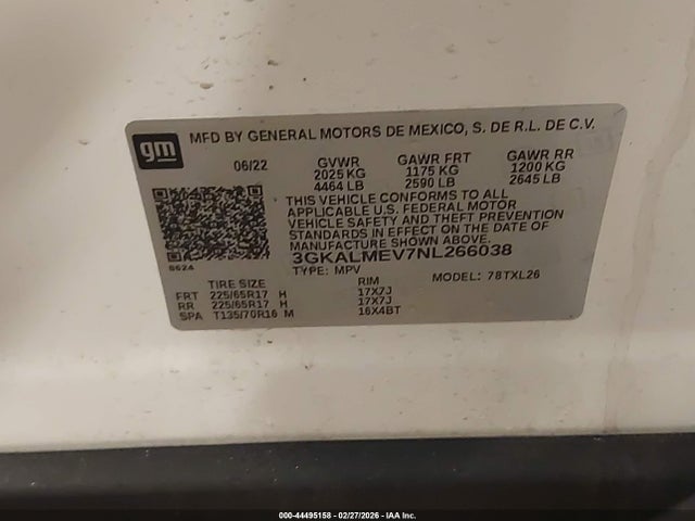 Aukcja sprzedaży 2022 Gmc Terrain Fwd Sle, vin: 3GKALMEV7NL266038, numer aukcji: 44495158