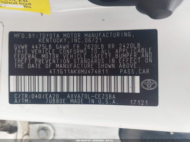 2021 TOYOTA CAMRY 4T1G11AKXMU474811 Photo 8