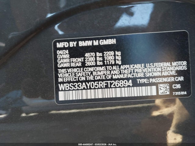 44495247 :رقم المزاد ، WBS33AY05RFT26894 vin ، 2024 Bmw M3 Competition مزاد بيع