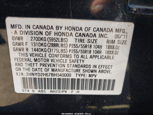 Продаж на аукціоні авто 2011 Acura Mdx Technology Package, vin: 2HNYD2H67BH540000, номер лоту: 44495344