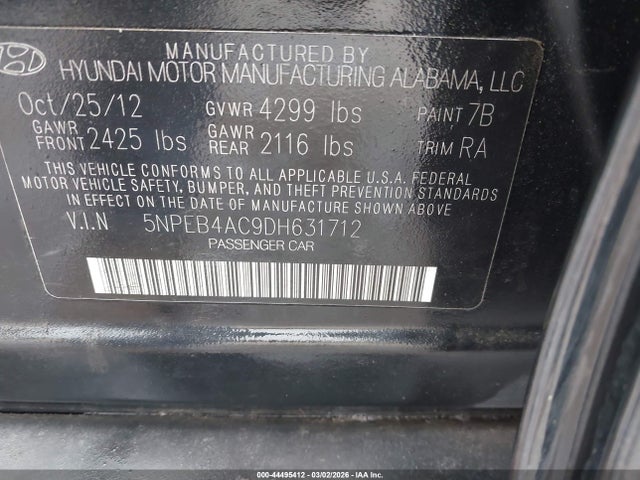 Aukcja sprzedaży 2013 Hyundai Sonata Gls, vin: 5NPEB4AC9DH631712, numer aukcji: 44495412