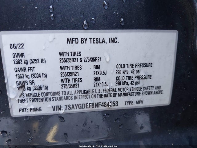 Продажа на аукционе авто 2022 Tesla Model Y Performance Dual Motor All-wheel Drive, vin: 7SAYGDEF8NF484353, номер лота: 44495414
