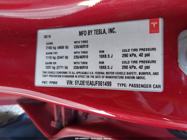 Aukcja sprzedaży 2018 Tesla Model 3 Long Range/mid Range, vin: 5YJ3E1EA0JF061499, numer aukcji: 44495421