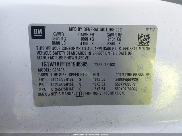 1GTW7AFF1H1906395 GMC Savana 2500 Work Van