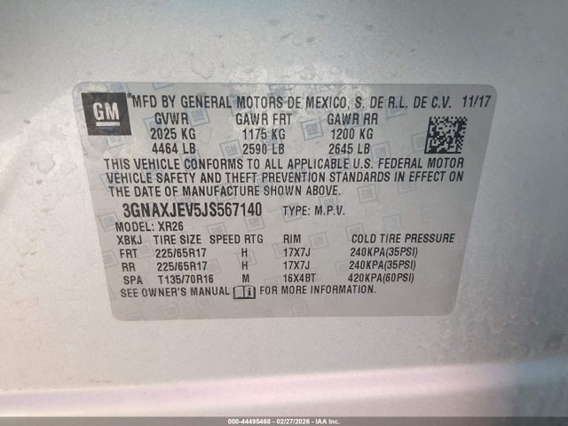 Aukcja sprzedaży 2018 Chevrolet Equinox Lt, vin: 3GNAXJEV5JS567140, numer aukcji: 44495468