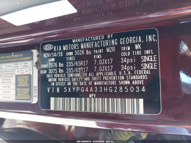 5XYPG4A33HG285034 KIA Sorento 2.4l Lx