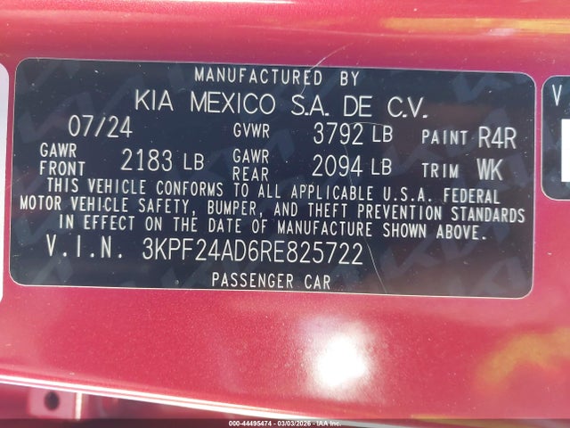 Продаж на аукціоні авто 2024 Kia Forte Lxs, vin: 3KPF24AD6RE825722, номер лоту: 44495474