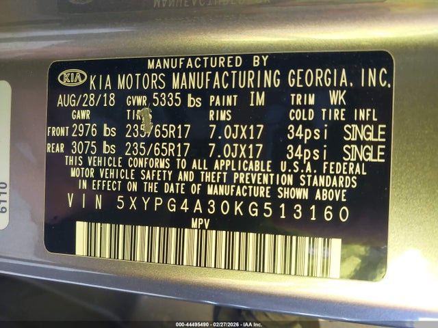 5XYPG4A30KG513160 KIA Sorento 2.4l Lx