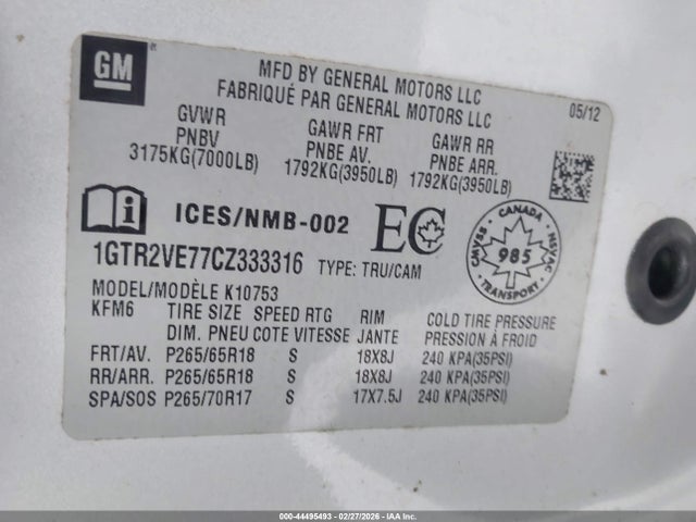 44495493 :رقم المزاد ، 1GTR2VE77CZ333316 vin ، 2012 Gmc Sierra 1500 Sle مزاد بيع