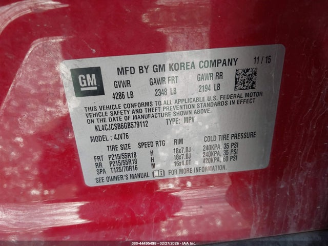 44495495 :رقم المزاد ، KL4CJCSB6GB579112 vin ، 2016 Buick Encore Leather مزاد بيع
