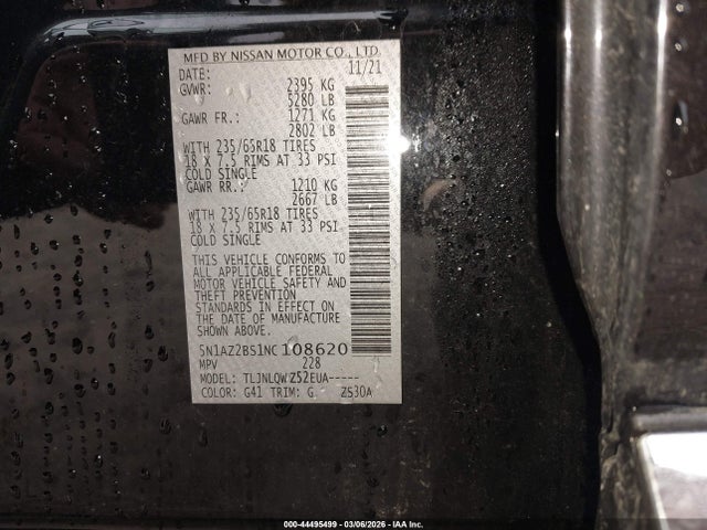 2022 Nissan Murano Sv Intelligent Awd მანქანა იყიდება აუქციონზე, vin: 5N1AZ2BS1NC108620, აუქციონის ნომერი: 44495499