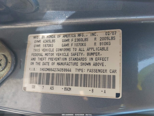 Aukcja sprzedaży 2007 Honda Accord 3.0 Se, vin: 1HGCM66427A059944, numer aukcji: 44495505
