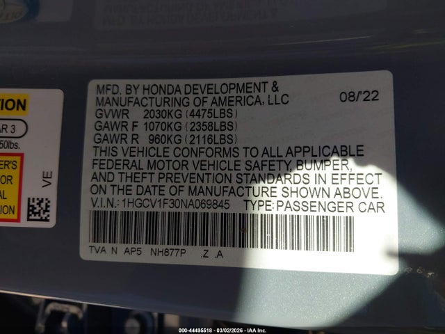 1HGCV1F30NA069845 Honda Accord Sport