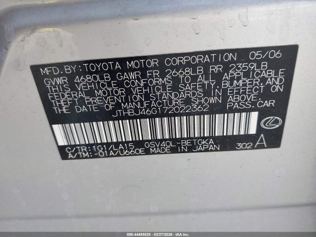 Продаж на аукціоні авто 2007 Lexus Es 350, vin: JTHBJ46G172022362, номер лоту: 44495520