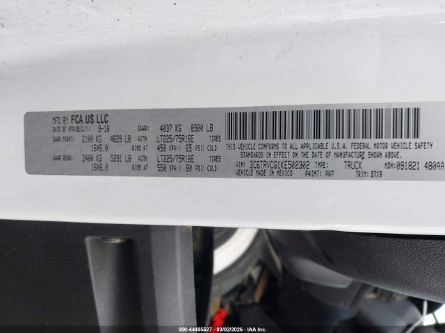 2019 Ram Promaster 2500 High Roof 136 Wb მანქანა იყიდება აუქციონზე, vin: 3C6TRVCG1KE502302, აუქციონის ნომერი: 44495527