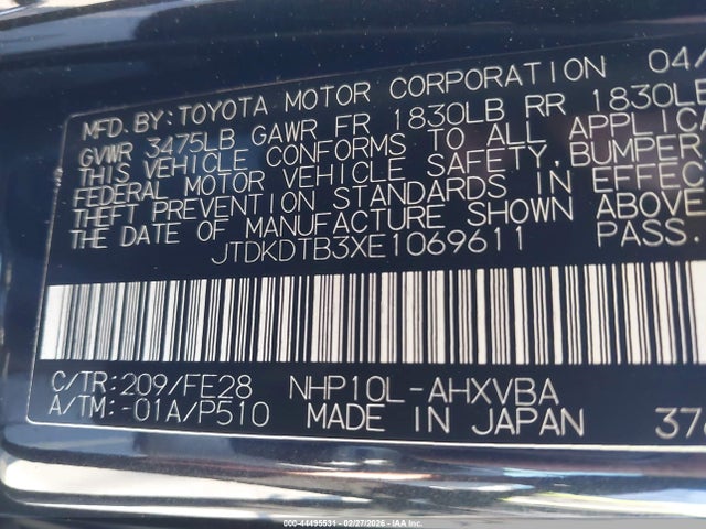JTDKDTB3XE1069611 Toyota Prius C One