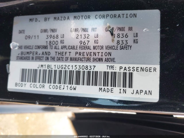 2012 Mazda Mazda3 I Sport მანქანა იყიდება აუქციონზე, vin: JM1BL1UG2C1530837, აუქციონის ნომერი: 44495552