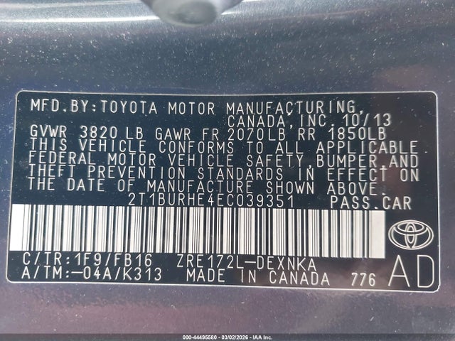 Aukcja sprzedaży 2014 Toyota Corolla Le, vin: 2T1BURHE4EC039351, numer aukcji: 44495580