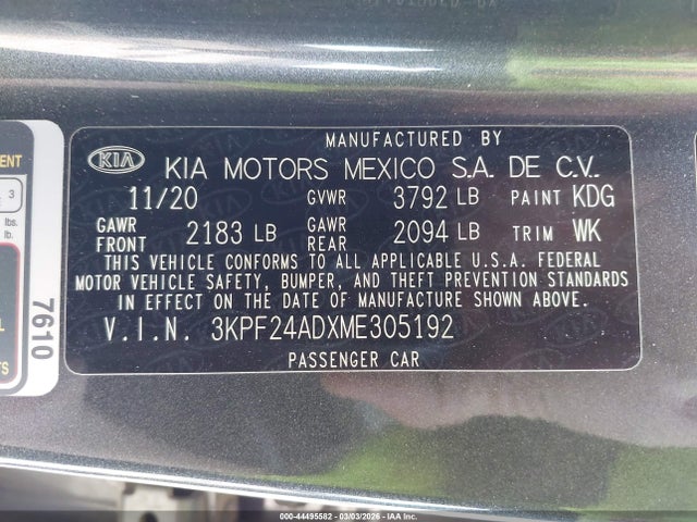 2021 Kia Forte Lxs მანქანა იყიდება აუქციონზე, vin: 3KPF24ADXME305192, აუქციონის ნომერი: 44495582