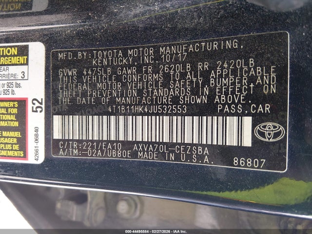 Продаж на аукціоні авто 2018 Toyota Camry Se, vin: 4T1B11HK4JU532553, номер лоту: 44495584