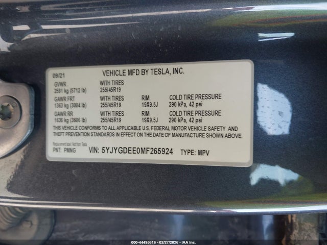 Aukcja sprzedaży 2021 Tesla Model Y Long Range Dual Motor All-wheel Drive, vin: 5YJYGDEE0MF265924, numer aukcji: 44495616