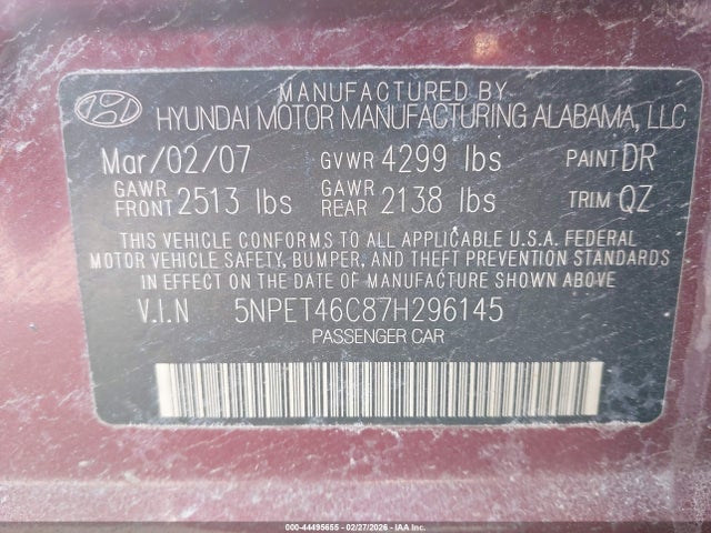 2007 Hyundai Sonata Gls მანქანა იყიდება აუქციონზე, vin: 5NPET46C87H296145, აუქციონის ნომერი: 44495655