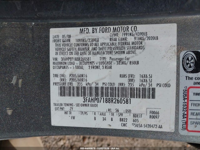 2008 FORD FUSION 3FAHP07188R260581 Photo 8