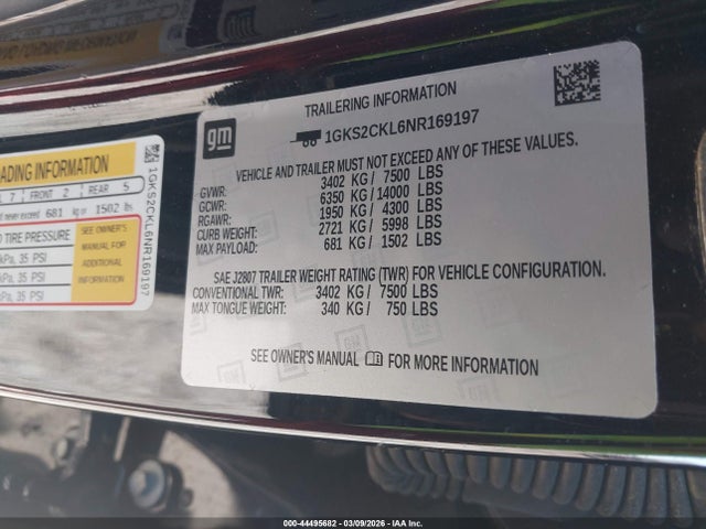 44495682 :رقم المزاد ، 1GKS2CKL6NR169197 vin ، 2022 Gmc Yukon 4wd At4 مزاد بيع