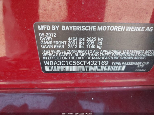 44495693 :رقم المزاد ، WBA3C1C56CF432169 vin ، 2012 Bmw 328i مزاد بيع