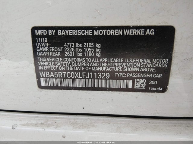 44495692 :رقم المزاد ، WBA5R7C0XLFJ11329 vin ، 2020 Bmw 330i Xdrive مزاد بيع