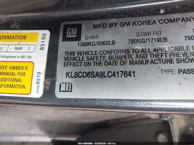 44495695 :رقم المزاد ، KL8CD6SA9LC417641 vin ، 2020 Chevrolet Spark Fwd 1lt Automatic مزاد بيع
