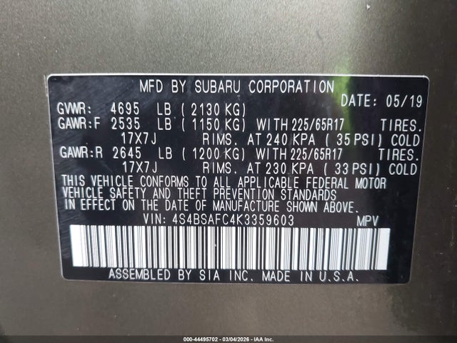 2019 SUBARU OUTBACK 4S4BSAFC4K3359603 Photo 8