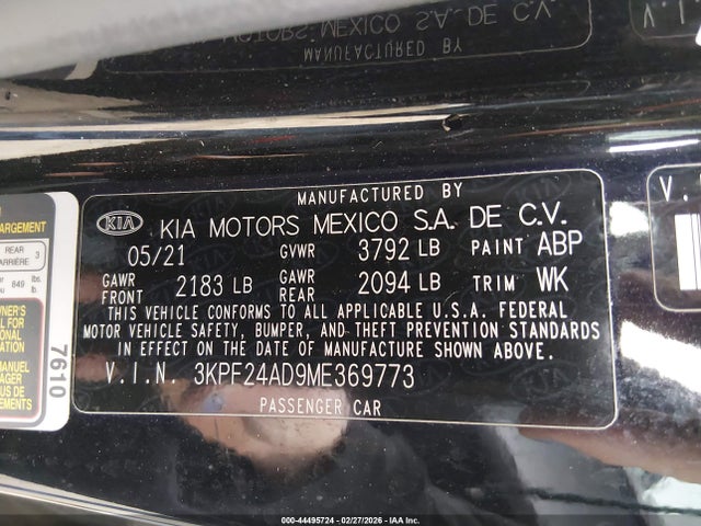 Продажа на аукционе авто 2021 Kia Forte Lxs, vin: 3KPF24AD9ME369773, номер лота: 44495724