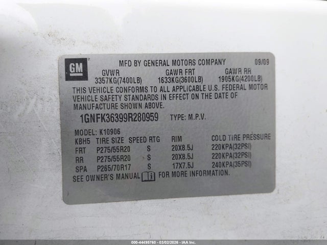 Продаж на аукціоні авто 2009 Chevrolet Suburban 1500 Ltz, vin: 1GNFK36399R280959, номер лоту: 44495760