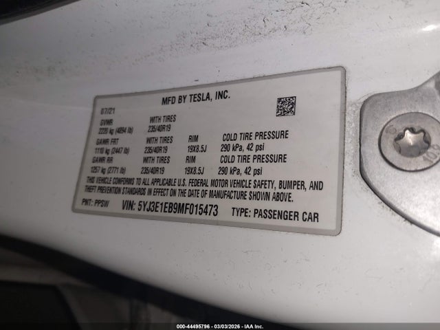 Продажа на аукционе авто 2021 Tesla Model 3 Long Range Dual Motor All-wheel Drive, vin: 5YJ3E1EB9MF015473, номер лота: 44495796