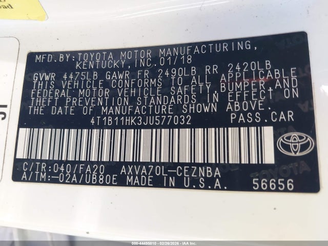 Продаж на аукціоні авто 2018 Toyota Camry Le, vin: 4T1B11HK3JU577032, номер лоту: 44495810