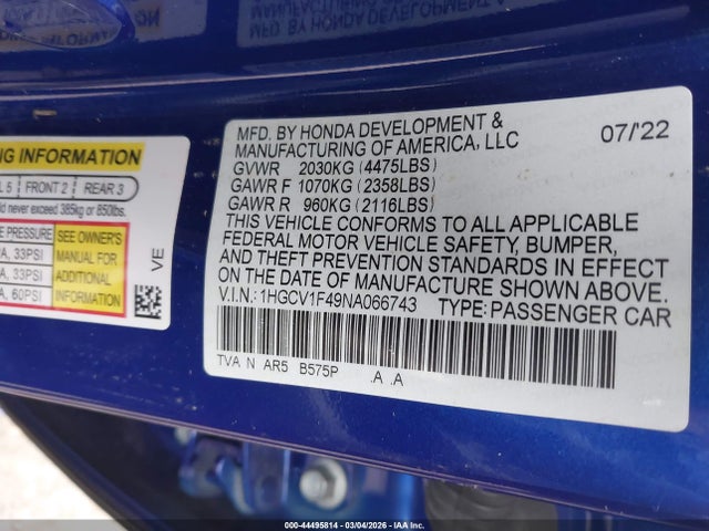 1HGCV1F49NA066743 Honda Accord Sport Special Edition