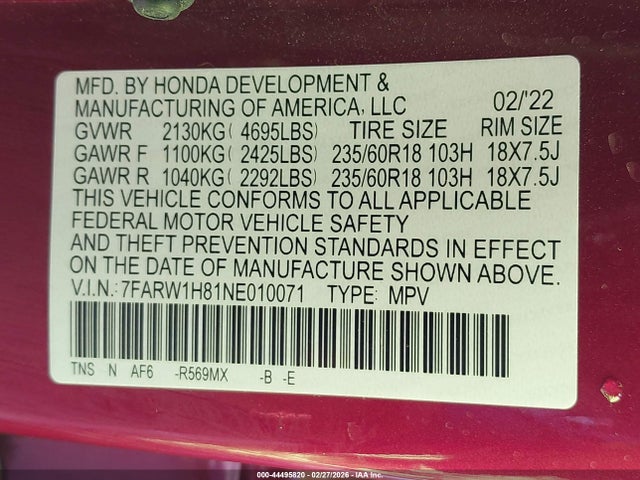 2022 Honda Cr-v 2wd Ex-l მანქანა იყიდება აუქციონზე, vin: 7FARW1H81NE010071, აუქციონის ნომერი: 44495820