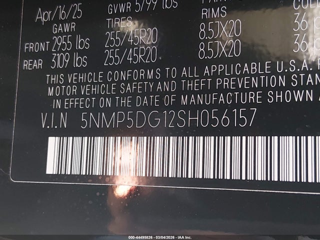 2025 Hyundai Santa Fe Hybrid Calligraphy მანქანა იყიდება აუქციონზე, vin: 5NMP5DG12SH056157, აუქციონის ნომერი: 44495826