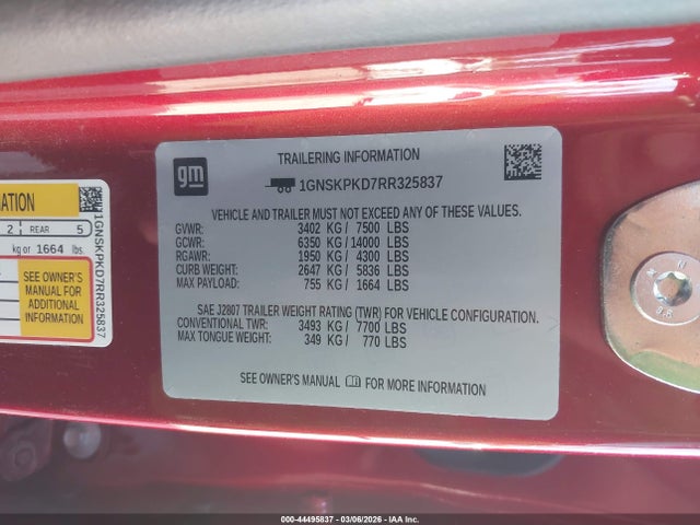 1GNSKPKD7RR325837 Chevrolet Tahoe 4wd Z71