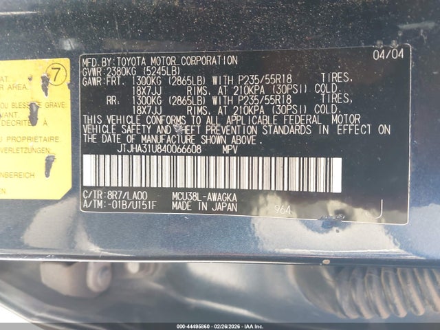 Aukcja sprzedaży 2004 Lexus Rx 330, vin: JTJHA31U840066608, numer aukcji: 44495860