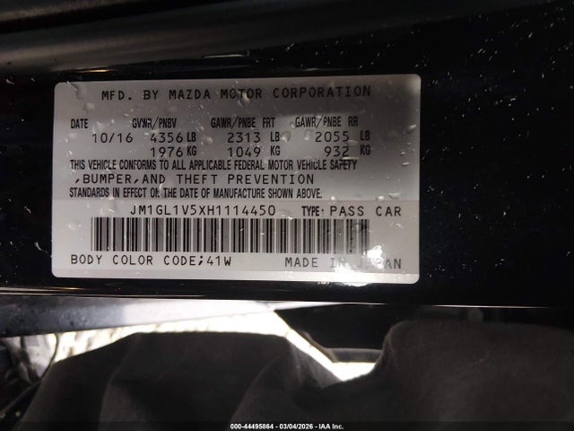 Aukcja sprzedaży 2017 Mazda Mazda6 Touring, vin: JM1GL1V5XH1114450, numer aukcji: 44495864